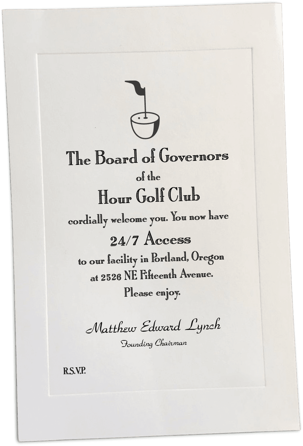 A printed paper invitation from the Board of Governors of the Hour Golf Club