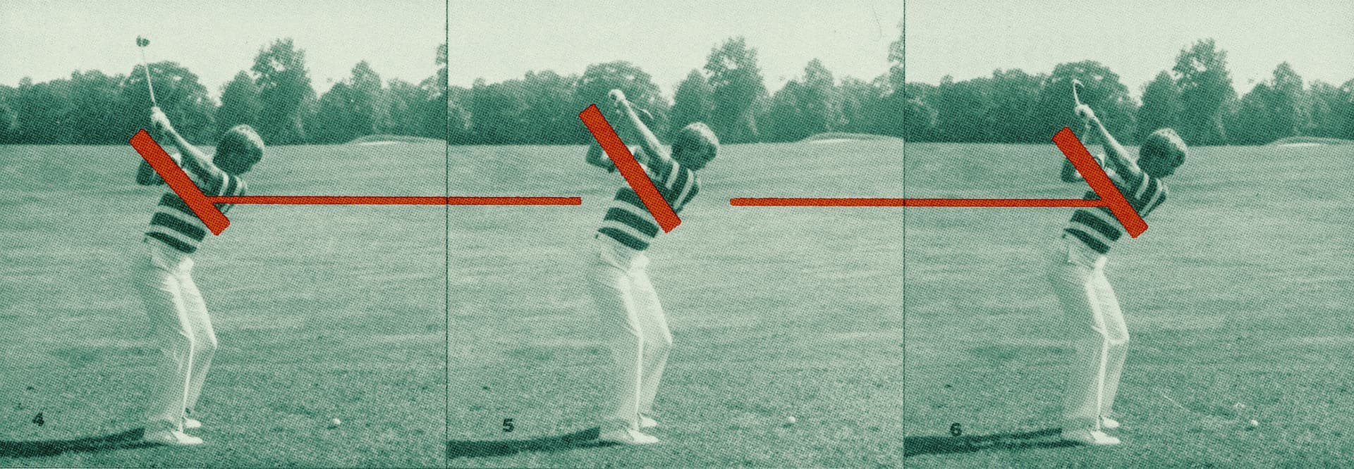 Three frames of a duotone green golf swing sequence with red bar overlays marking swing plane